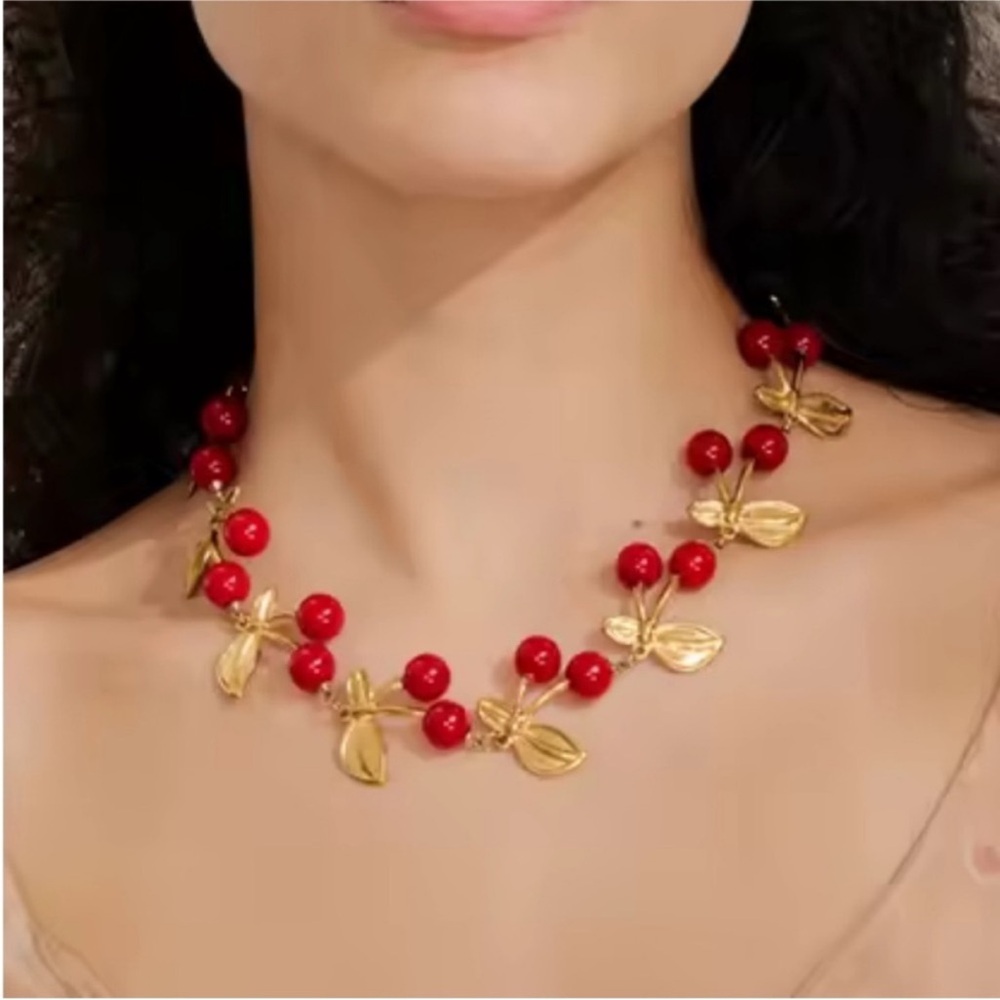 Cherry Design Gold and Red Beaded Stainless Steel Necklace - Picture 5 of 11